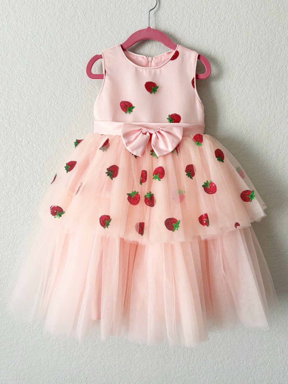 Pink Sequin Strawberry Embroidered Tulle Layered Party Dress Size 5T